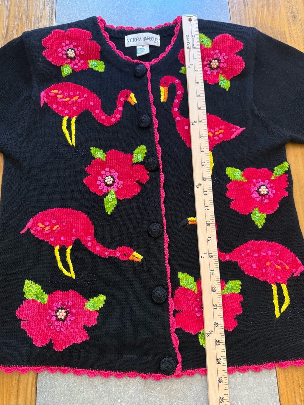 Vintage Victoria Harbour Black Pink Flamingo Sequin Beaded Short Sleeve Size M - Picture 4 of 9